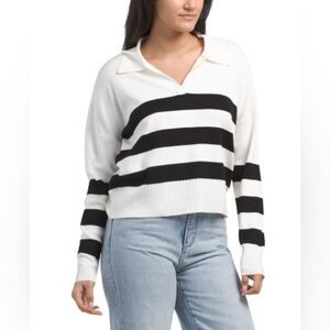 CYRUS XS-L Coconut White Black Stripes Polo Classic Johnny Collar Pullover